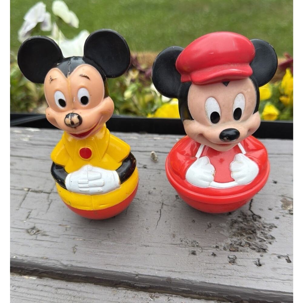 Vintage 1975 Disney Mickey Mouse Roly Poly Rattle Toys Lot 2 Nursery Wobble